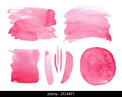 Watercolor pink brush strokes isolated on white background. Set of hand painted design elements Stock Photo