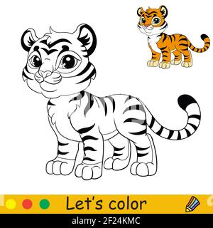 Cute standing tiger. Cartoon character tiger. Coloring book page with colorful template. Vector contour illustration isolated on white background. For Stock Vector