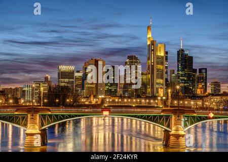 The skyscrapers of the financial district in Frankfurt, Germany, at night Stock Photo