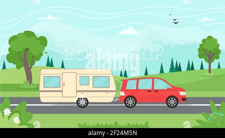 Time to travel, road trip concept. Travelling by car with travel trailer in the mountains. Spring, summer landscape. Vector illustration in flat style Stock Vector