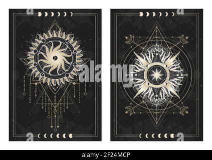 Vector dark illustrations with sacred geometry symbols, grunge textures and frames. Images in black, white and gold. Stock Vector