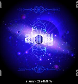 Vector illustration of Sacred geometric symbol against the space background with planets and stars. Mystic sign drawn in lines. Image in blue color. Stock Vector