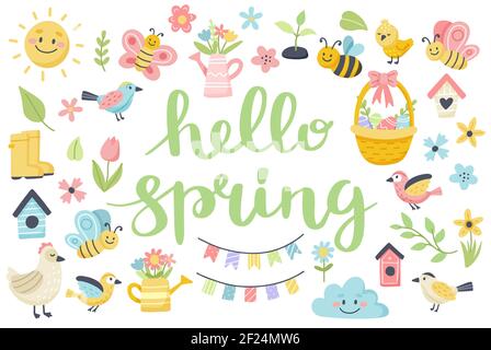 Hello spring lettering with cute birds, bees, flowers, butterflies. Hand drawn flat cartoon elements. Vector illustration Stock Vector
