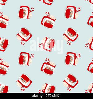 Christmas seamless pattern of vector Santa Claus coffee or chocolate cup in red holiday protection mask from virus, hat, eyeglasses, red white lollipo Stock Vector