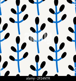 Simple seamless pattern with black leaves on a blue stem. Stock Vector