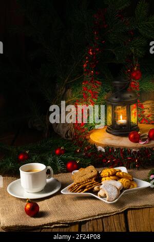 Different types of biscuits with rustic Christmas decorations Stock Photo
