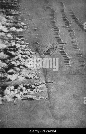A vintage aerial photo of the German army conducting a gas attack on the Eastern front during World War One circa 1916 against the Imperial Russian Army. Chemical gases such as chlorine, bromine,phosgene and diphosgene were used widely by the German army Stock Photo
