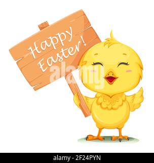 Cute little chick holding placard with greetings. Happy Easter. Funny baby chicken. Stock vector illustration on white background Stock Vector