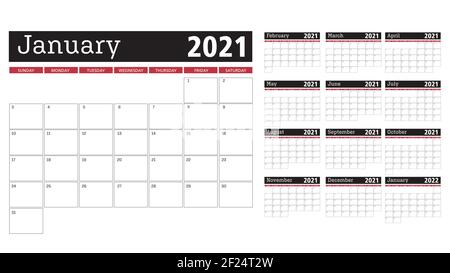 monthly organization calendar template grid for 2021 Stock Vector