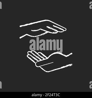 Two hands holding something chalk white icon on black background Stock Vector