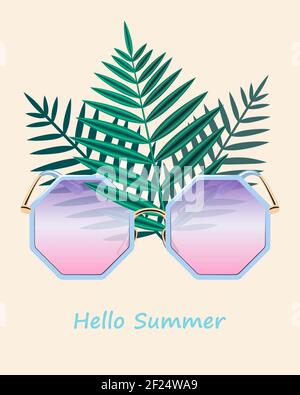 Hello Summer - a bright leaflet with fashionable pink glasses and palm leaves on a champagne background. Stock vector illustration is suitable for a g Stock Vector