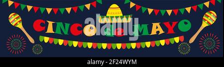 Cinco de Mayo banner. Mexican template for your design with sambrero, maracas. Vector illustration Stock Vector