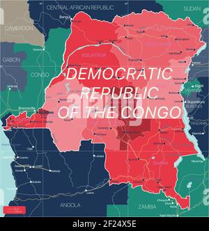 Democratic Republic of Congo country detailed editable map with regions cities and towns, roads and railways, geographic sites. Vector EPS-10 file Stock Vector