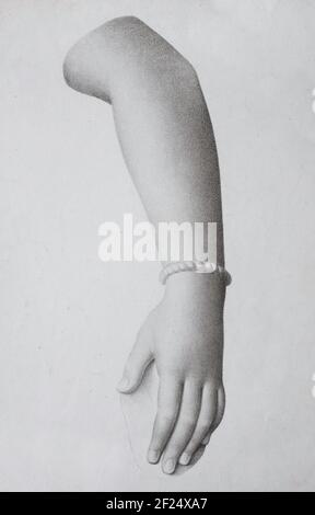 Young woman's stretched skinny arm thumb up. Isolated on blue