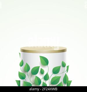 An abstract ecological scene with tube shape display stage covered with green leaves. Oval form aesthetic white column with wooden cover, and free space for an object, product, or text placement. Stock Vector