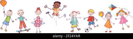 Diversity group of happy sweet kids in action playing and jumping. Kindergarten. Preschool. Funny active and joyful smiling multiethnic children Stock Vector