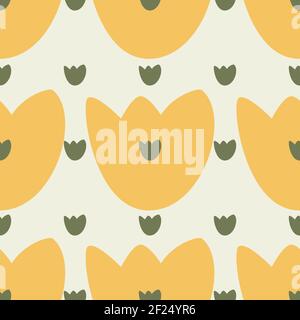 Simple seamless pattern with yellow and green hand drawn tulips. Stock Vector