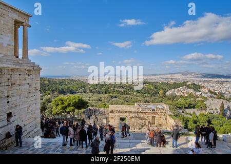 Athens, Greece - FEB 16, 2020 - Propylaea. The imposing entrance to the Acropolis. Stock Photo