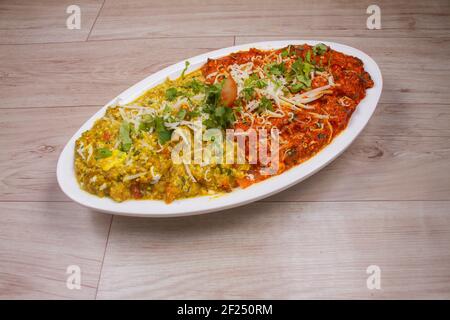 Masala Anda Bhurji combo or Spicy Indian scrambled eggs combo Popular street food in Mumbai. Served in white crockery over moody background. selective Stock Photo