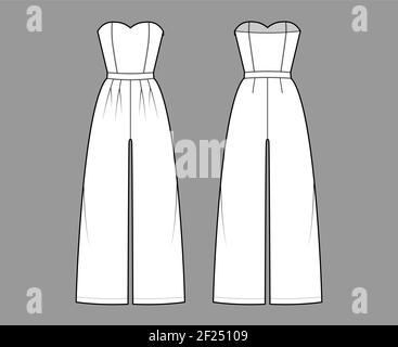 Strapless jumpsuit overall technical fashion illustration with full length, normal waist, high rise, double pleats. Flat apparel garment front back, white color style. Women, men unisex CAD mockup Stock Vector