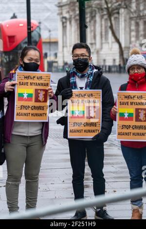 London, UK. 10th Mar, 2021. a small protest about Myanmar was held outside Downing Street, London. Credit: Ian Davidson/Alamy Live News Stock Photo
