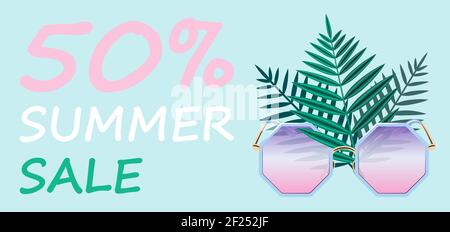 Summer Sale banner - a poster with fashionable pink glasses and palm leaves on a blue background witn text. Stock vector illustration is suitable for Stock Vector