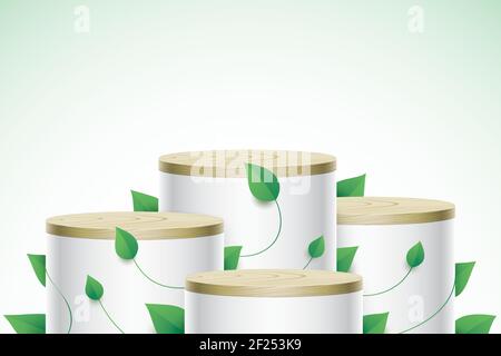 A natural abstract scene with oval shape display stands covered with green leaves. Tube form aesthetic white pedestal with wooden cover, and free space for an object, product, or text placement. Stock Vector