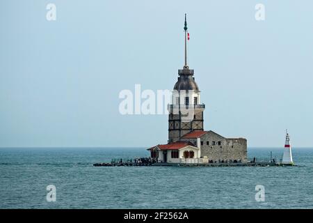 ISTANBUL, TURKEY - MAY 24 : View of Maiden's Tower in the Bosphorus in Istanbul Turkey on May 24, 2018. Unidentified people Stock Photo