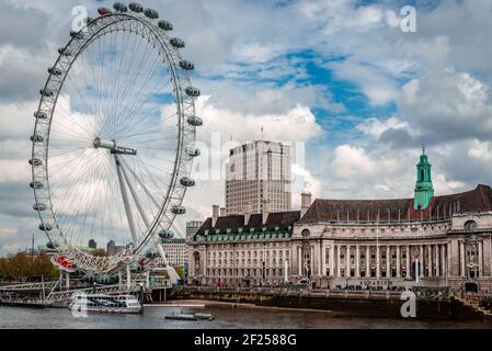 London, UK - April 22 2014: View of the London Eye, the Aquarium and other buildings in Southbank. Stock Photo