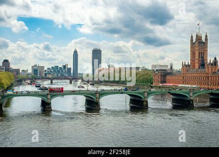 Aerial view of the city's skyline with the Thames, the Westminster bridge, the Houses of Parliament and the Albert Embankment. Vauxhall and Lambeth ar Stock Photo