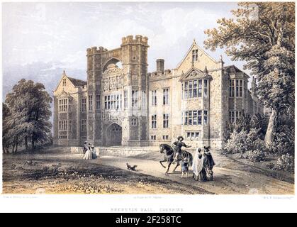 A lithotint of Brereton Hall, Cheshire scanned at high resolution from a book printed in 1858. This image is believed to be free of all historic copyr Stock Photo