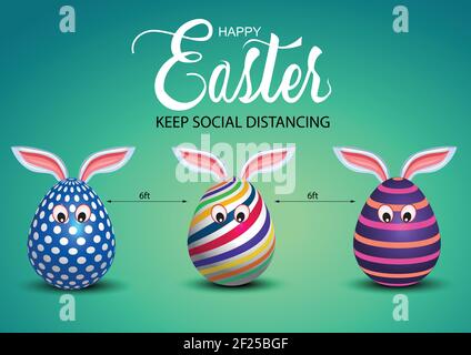 happy Easter greetings. egg cartoon characters keep social social distancing. vector illustration design. covid-19 corona virus concept Stock Vector