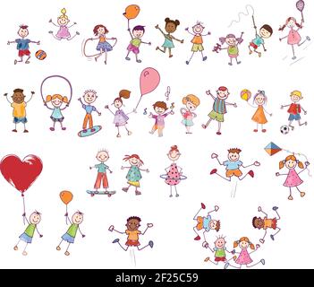 Cartoon set or collection of many multiethnic cute smiling children playing and jumping. Funny active and joyful kids. Diversity children.Kindergarten Stock Vector