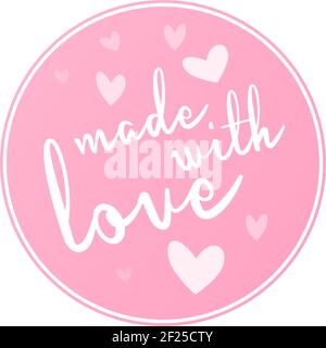 round pink MADE WITH LOVE label or sticker with hearts vector illustration Stock Vector