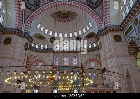 ISTANBUL, TURKEY - MAY 28 : Interior view of the Suleymaniye Mosque in Istanbul Turkey on May 28, 2018 Stock Photo