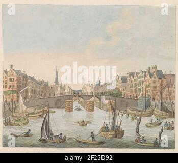 Gezicht op de Nieuwe-Brug, ca. 1810-1813; Vue du Pont-Neuf, prise de l'Y le long du Water et Damrak jusqu'au Dam.The new bridge and Damrak, seen from the IJ, in Amsterdam, ca. 1810-1813. Part of a sheet metal from approx. 1824-1825 with 74 (unnumbered) plates of the most important topographical faces and several morals and habits in the United Kingdom of the Netherlands. Stock Photo