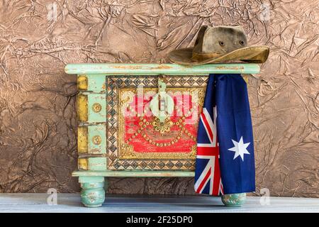 stylish pirate treasure chest with travel hat and australian flag, adventure and travel concept Stock Photo