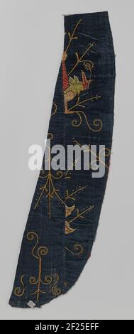 Kazuifel, fragment, with silk and gold thread embroidered flowers. Fray, Fragment, With Silk and Gold Thread Embroidered Flowers on Blue Velvet Stock Photo