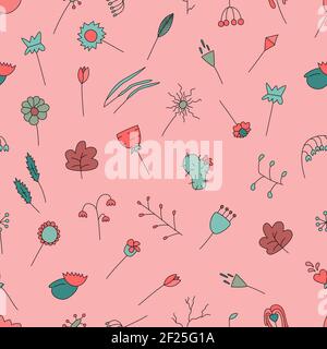 Pink seamless pattern with hand drawn floral botanical elements  Stock Vector