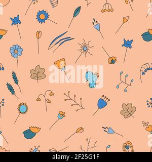 Orange seamless pattern with hand drawn floral botanical elements  Stock Vector