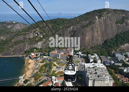 Landscape with the Sugarloaf cable car on the foreground and panoramic view of the city in Rio de Janeiro, Brazil. Stock Photo