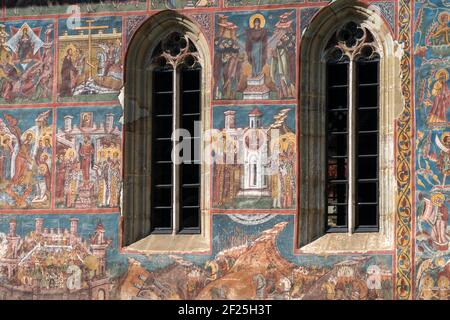 MOLDOVITA, MOLDOVIA/ROMANIA - SEPTEMBER 18 : Frescos on the exterior of the Monastery in Moldovita in Moldovia Romania on Septem Stock Photo