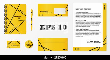 Realistic layout set. Notebook cover, pen, badge, card, post and letter in yellow and black corporate colors to jot down your ideas. Vector designs. Stock Vector