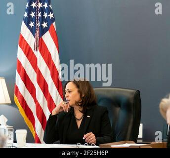 U.S Vice President Kamala Harris, talks on the phone with Norwegian Prime Minister Erna Solberg from her West Wing Office in the White House March 9, 2021 in Washington, D.C. Stock Photo