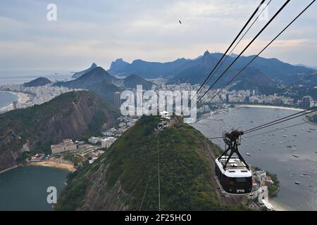 Landscape with the Sugarloaf cable car on the foreground and panoramic view of the city in Rio de Janeiro, Brazil. Stock Photo