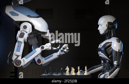 Sci-Fi Industrial robot playing a game of chess with cyborg. 3D illustration Stock Photo