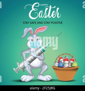 happy Easter greetings. funny rabbit holding medical syringe with egg and vaccine basket. vector illustration design Stock Vector