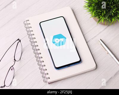 Assam, india - March 10, 2021 : Secure vpn logo on phone screen stock image. Stock Photo