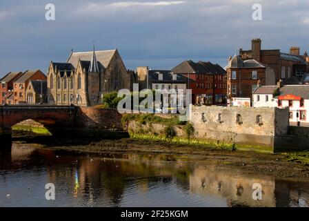 Ayr, Ayrshire, Scotland with the new bridge over the river, built 1878, and part of the town Stock Photo