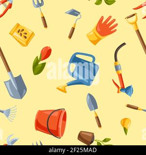 Seamless pattern with garden tools and equipment. Stock Vector